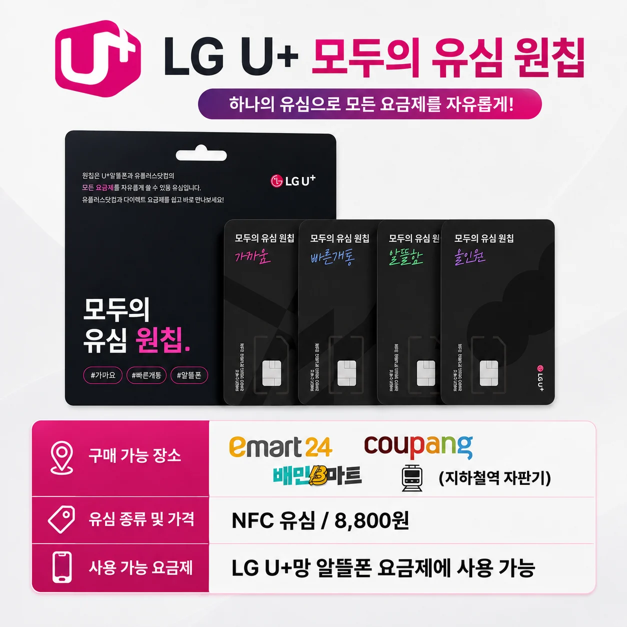 LG U+ 모두의 유심 원칩의 검정 포장과 유심 카드, NFC 유심 8,800원 및 구매처 안내